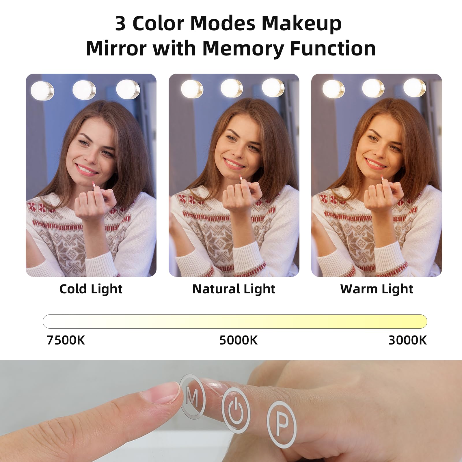 VOWNER Hollywood Miroir de Maquillage avec éclairage, 18 LED à intensité Variable, avec 3 Couleurs de lumière, Touch Control Vanity, avec USB et loupe 10x, pour Chambre à Coucher, Coiffeuse,80x60 cm