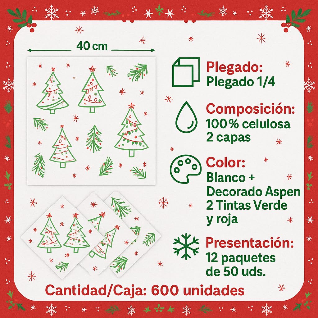 600 Servilletas de Navidad 40x40 cm Punta-Punta | 2 Capas Celulosa Premium | Decoración Navideña | Suaves, Resistentes y Elegantes | Plegado 1/4 (campanas blanco)