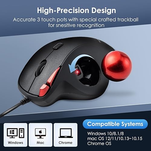 Miniatura 6 de SANWA Mouse ergonómico con cable, ratones de bola de rodadura óptica, botones silenciosos programables, Trackball de 1.339 in, DPI ajustable