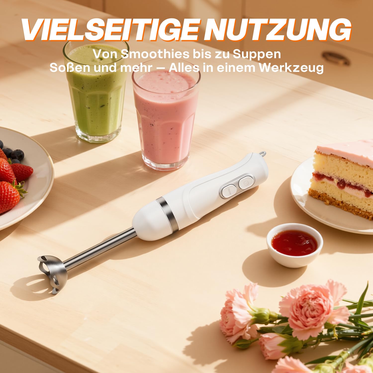 BESROY 1100W Stabmixer Edelstahl, Elektrischer Pürierstab & Hand Blender mit 2 Geschwindigkeitsstufen + Turbo, Kupfermotor, Spülmaschinenfest, für Babynahrung, Smoothies & Suppen, BPA-frei, Weiß