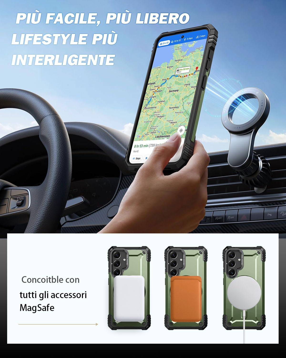 Lanhiem Cover per Samsung S24 5G Magsafe con Supporto Protezione Completa del Corpo a 360°con 2 Vetro Temperato, Militare 14FT Antiurto Resistente, Custodia per Samsung Galaxy S24, Verde