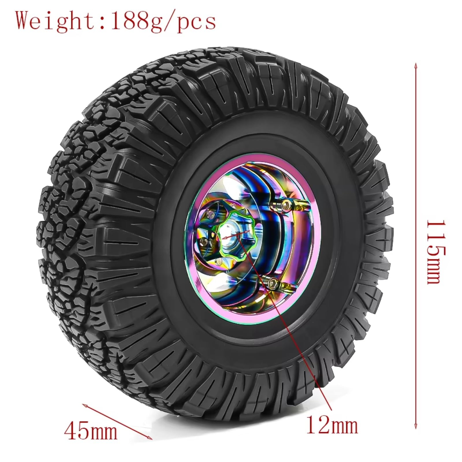 RC Pneumatici Ruote per Traxxas per TRX4 D90 D110 per Axial per SCX10 per MST 1/10 4 Pezzi Cerchi in Metallo Beadlock da 115 Mm E 1,9" Set di Pneumatici in Gomma per Auto RC Crawler(Colorful)