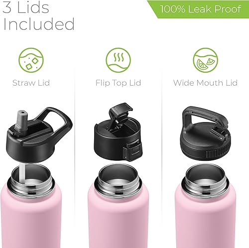 Miniatura 4 de SipX - Botella de agua de acero inoxidable de 40 onzas con triple aislamiento térmico, 3 tapas, reutilizable y sin bisfenol A, mantiene las bebidas
