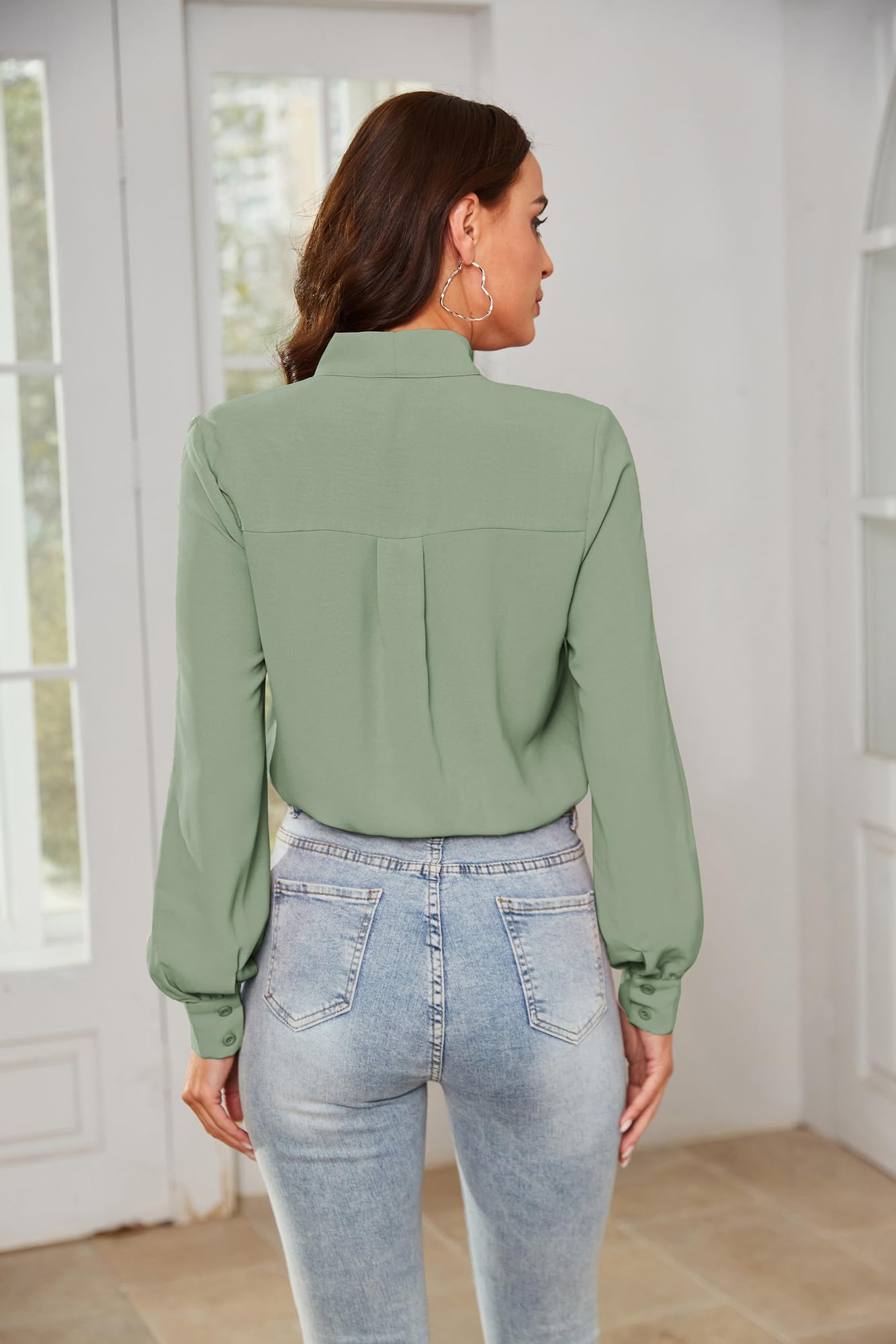 Kate Kasin Elegante Body da Donna Camicetta Decorazione con Fiocco Body A Maniche Lunghe Camicia da Lavoro per Ufficio Top Casual Verde Chiaro XL