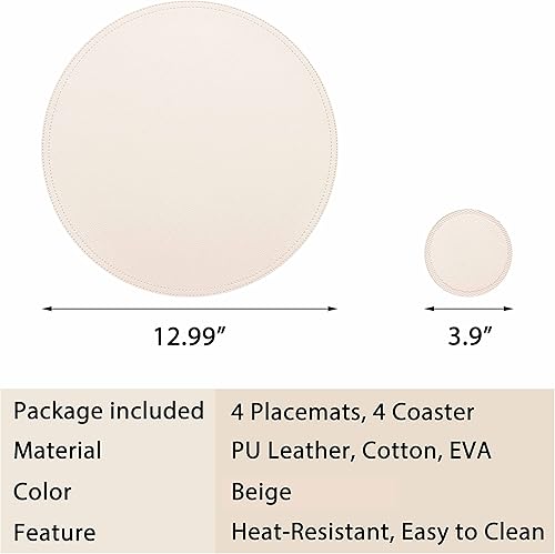 Miniatura 5 de Juego de 4 manteles individuales y posavasos redondos de piel sintética, tapetes de café, manteles de cocina, impermeables, fáciles de limpiar para