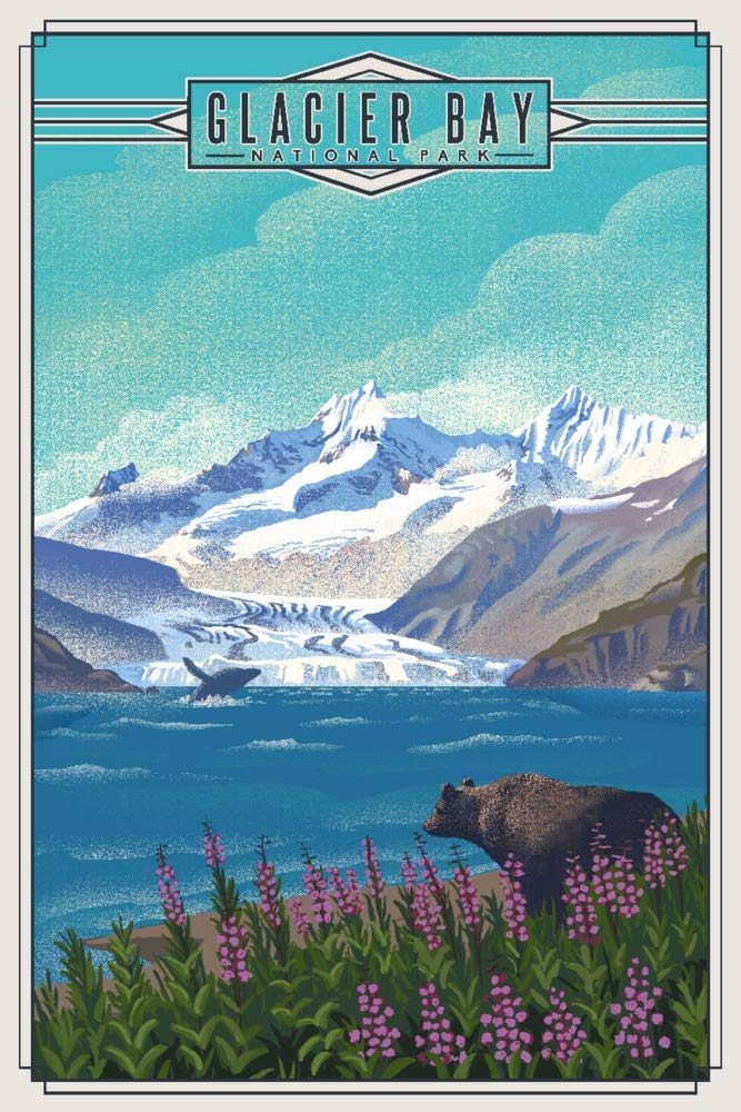 Glacier Bay National Park and Preserve, Alaska, Lithograph National Park Series (9x12 Wall Art Print, Home Decor)