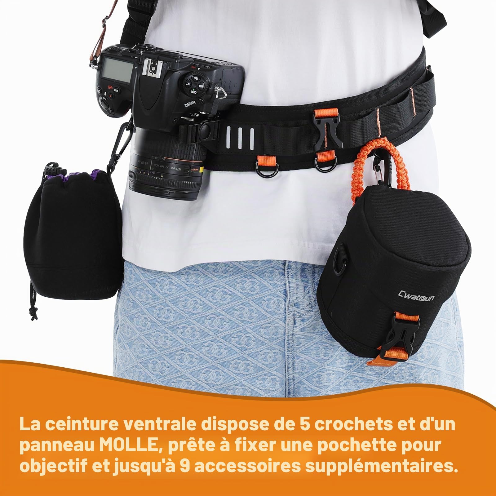 Cwatcun Sangle de caméra réglable pour photographes – Harnais à double épaule multifonctionnel et ceinture de taille pour accessoires d’appareil photo DSLR/SLR et rangement