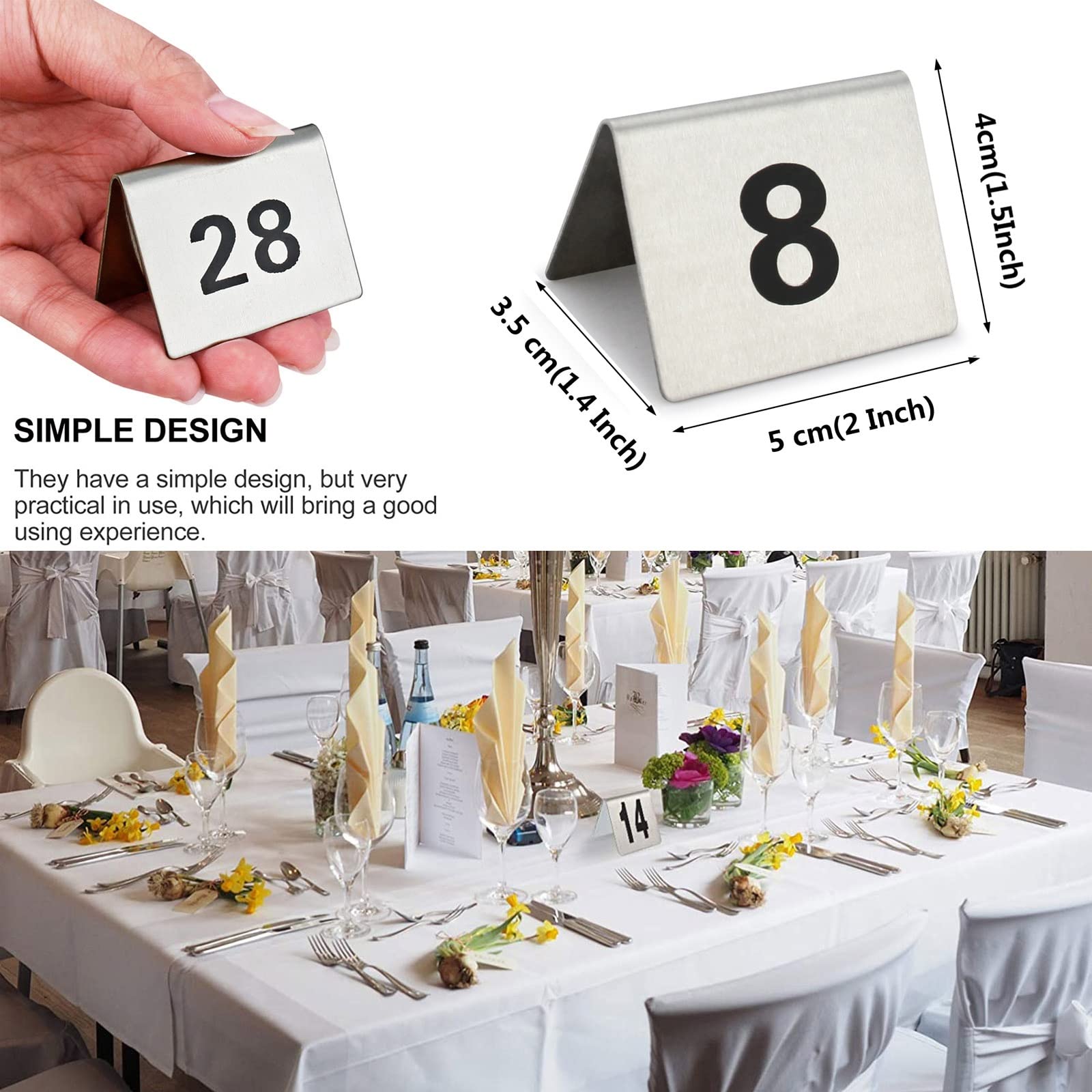 Placa de acero inoxidable para números de mesa de restaurante, números de doble cara, apilable, soporte para números de mesa para cocina, comedor, banquetes de boda, carteles de mesa de restaurantes