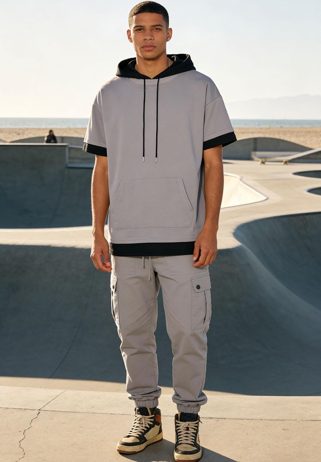 Mens Short Sleeve Hoodie Soft Cotton Lightweight Moisture Wicking Big Pocket Streetwear Short Sleeve Sweatshirt