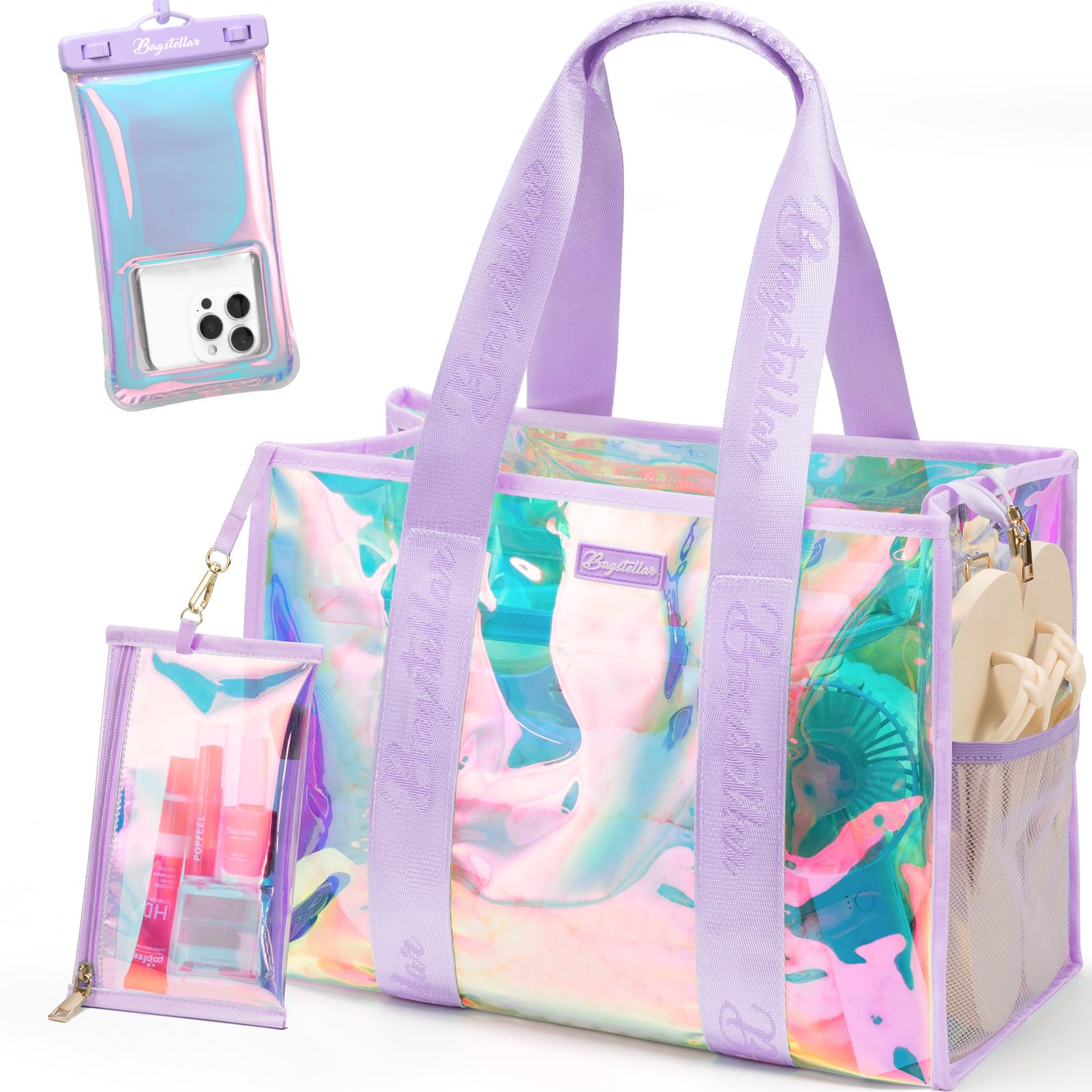 Bagstellar Iridescent Beach Tote Bags for Women, Large Zipper Beach Pool Swim Bag with Makeup Bag & Waterproof Phone Pouch | Waterproof Sandproof,