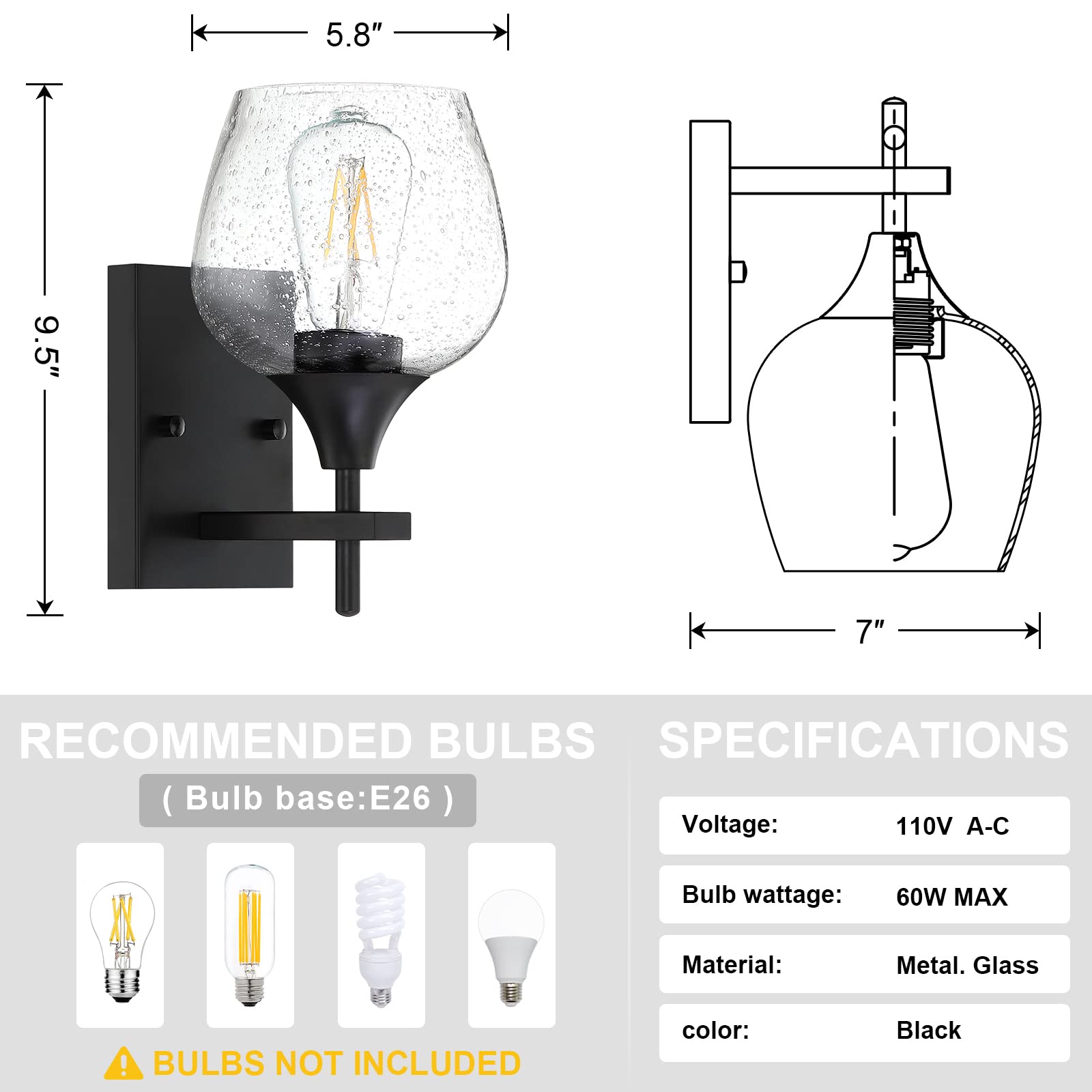 Dolaimy House 2 Pack 1 Light 5.8 Inch Clear Seeded Glass Shade Wall Sconce Lighting with Oil Rubbed Bronze Finish,Modern Wall Light Fixture for Bath Room, LED Bulb(not Include)