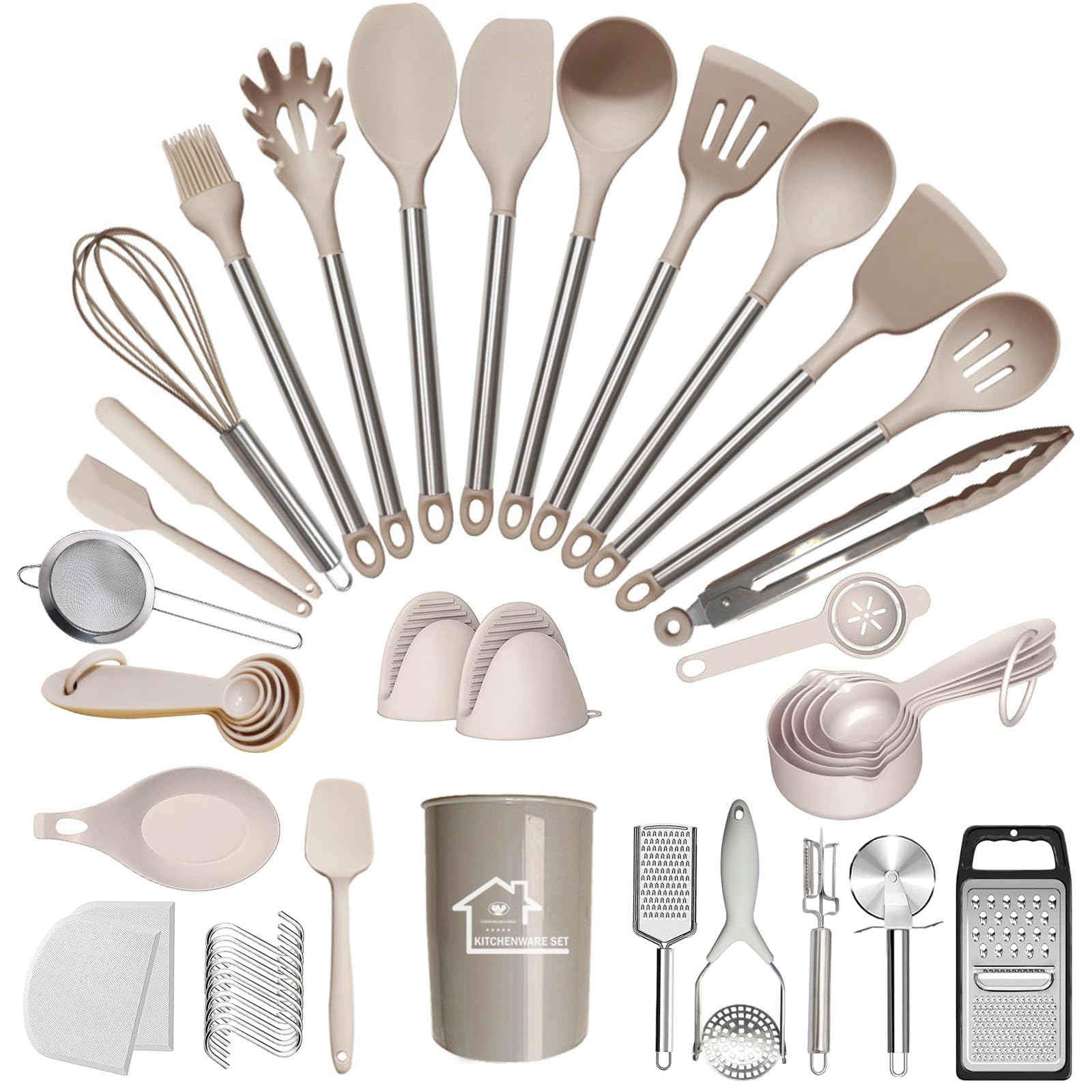 Set di Utensili da Cucina in Silicone, Set di Utensili da Cucina da 47 Pezzi con Supporto, Set di spatole con Manico in Acciaio Inossidabile, Utensili da Cucina per Cucinare,Cachi