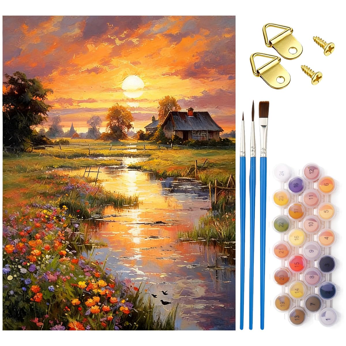 MOPQMKT Paint by Numbers for Adults, Paint by Numbers Kit for Adults Beginner, Riverside Cabin Adult Canvas Kits Without Frame, DIY Number Sunset Landscape Oil Painting for Gift Home Wall Decor