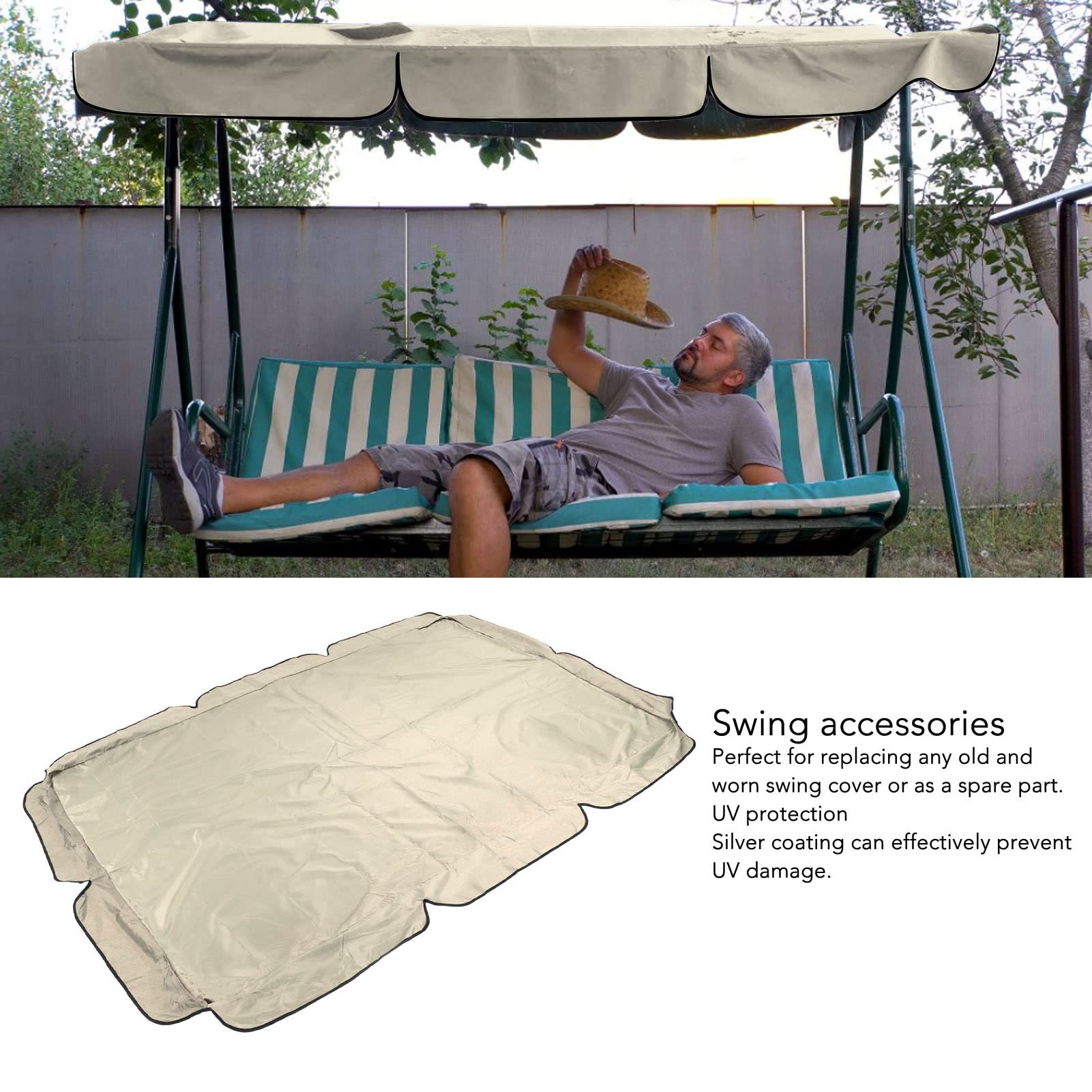 Reemplazo de Toldo Columpio, Tela Oxford Recubierta de Plata 600D, Toldo Columpio Impermeable, Cubierta Superior Abatible con Protección contra el Polvo y el Sol(C)