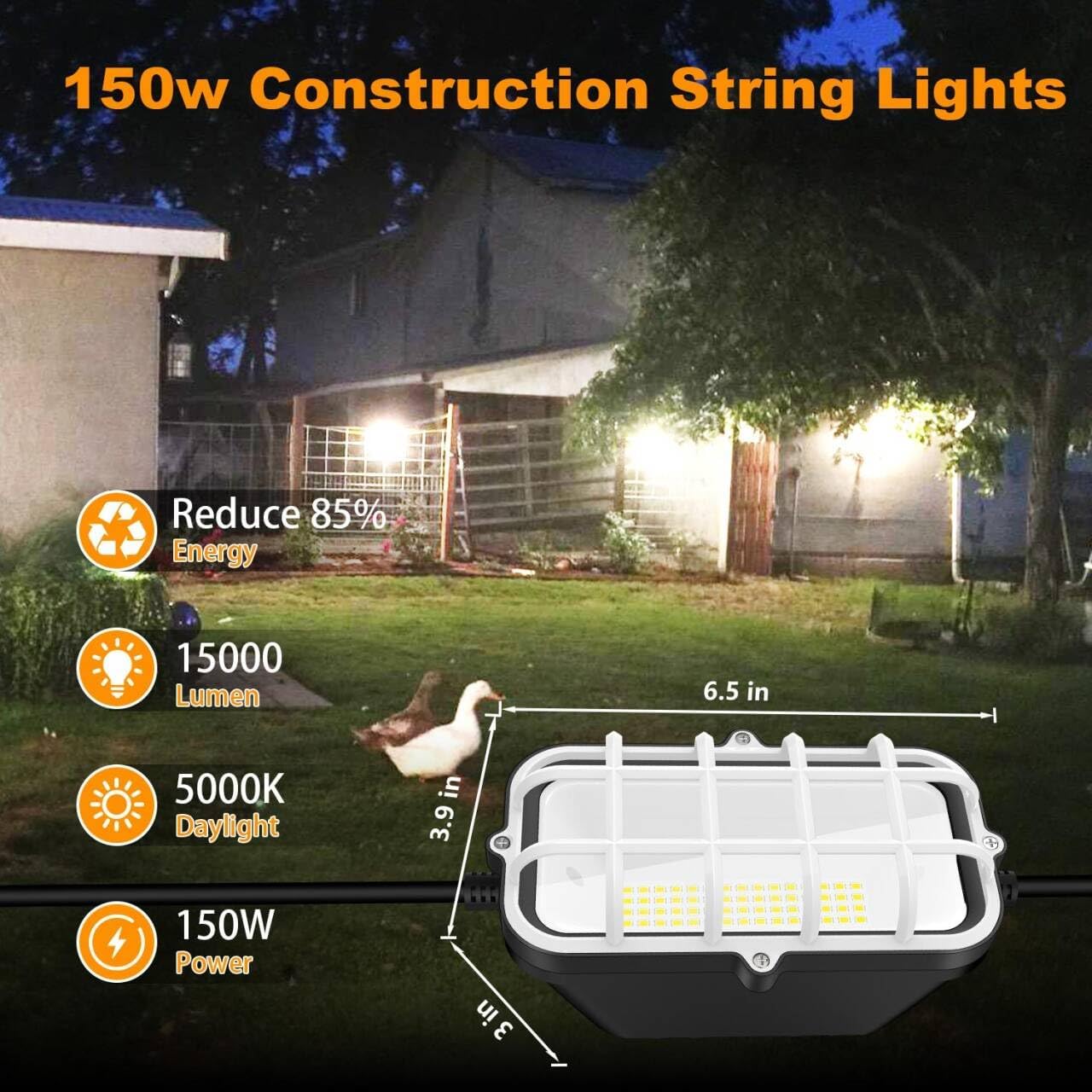 100ft LED Construction String Lights, 150W 15000LM Waterproof IP67 Led String Work Lights, Construction Temporary Lights (100ft-10lights). - Image 2