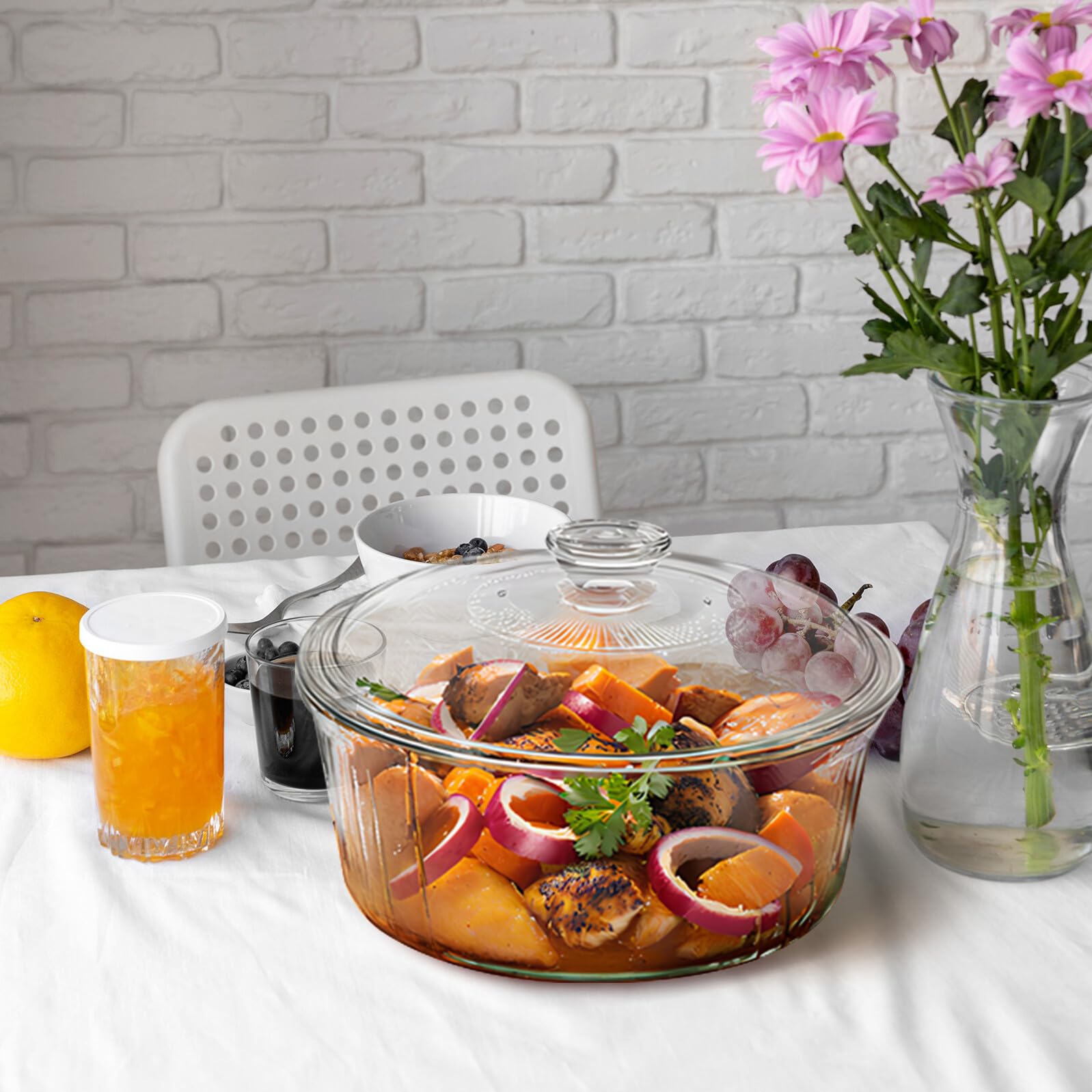 Homoyoyo Runde Glas auflaufform mit Transparentem Deckel Hitzebeständig für Backofen Schmoren Suppen und Vielseitiges Kochen Gleichmäßige Wärmeverteilung Mikrowellengeeignet