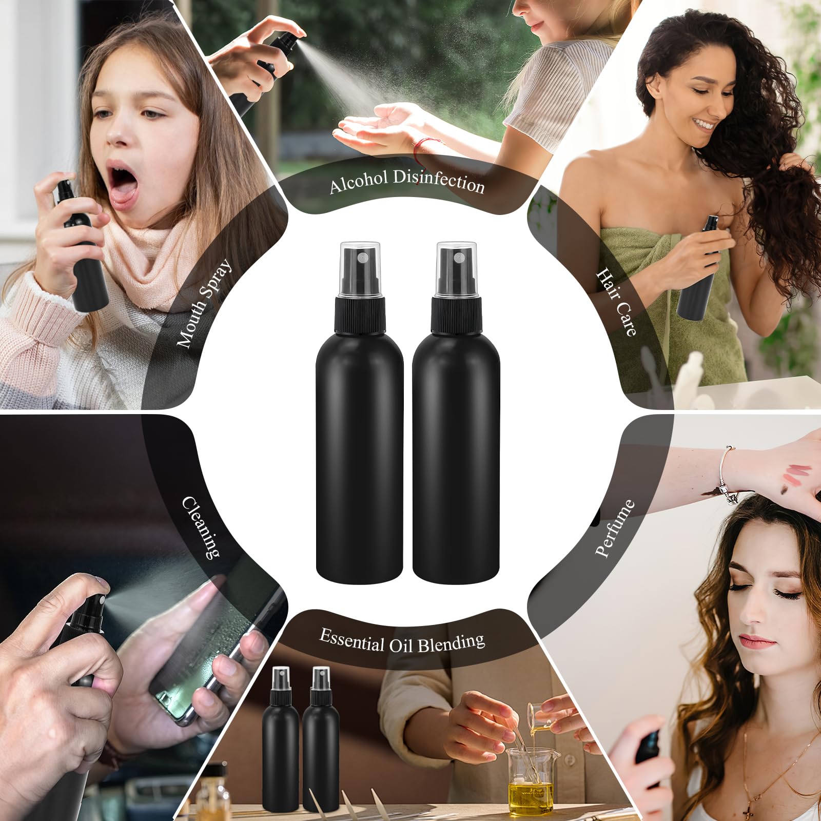 Malloom Confezione da 100 flaconi spray vuoti da 120 ml, contenitori in plastica per oli essenziali e soluzioni detergenti, ricaricabili, dimensioni da viaggio (nero)