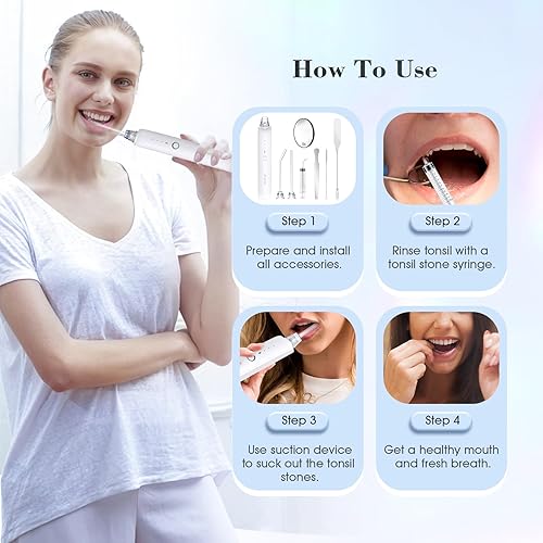 Miniatura 4 de Kit de eliminación de piedras amígdalas, 3 modos de aspiración electrónica para eliminar piedras amígdalas, irrigador oral para la mejor luz LED