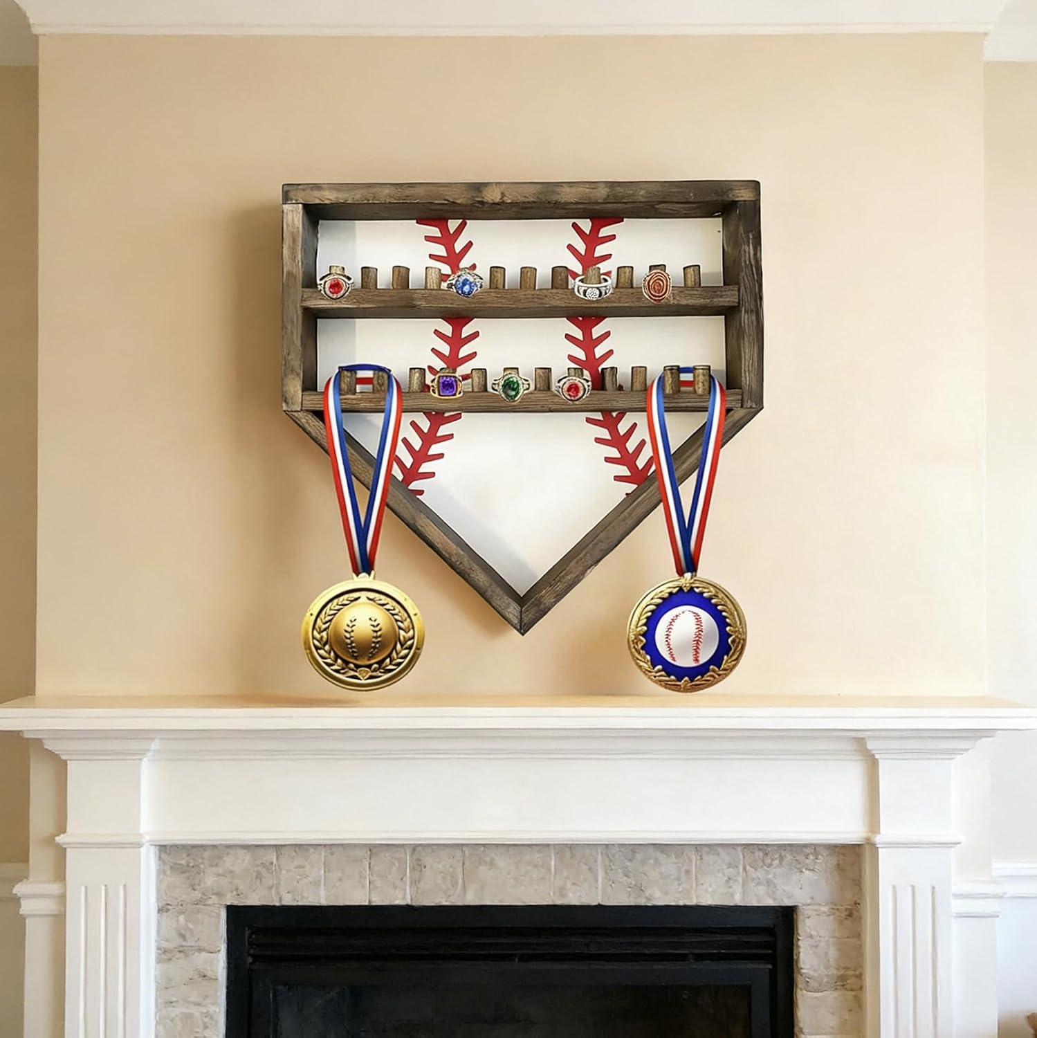 Personalized Championship Ring Display Case - 24 Post Wooden Baseball Softball Ring Holder, Wall Mount Trophy Medal Showcase for Kids Motivation (Yellow)