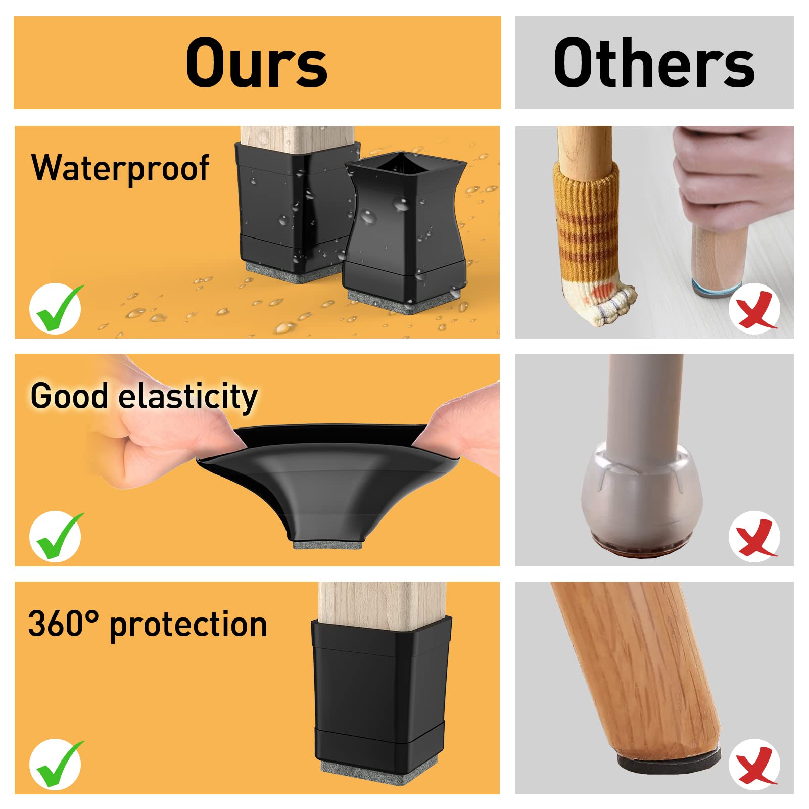 Lot de 16 protections de sol carrées en silicone pour pieds de chaise en bois dur pour éviter les rayures et réduire le bruit, faciles à déplacer (convient pour : 5,1 cm à 6,3 cm, noir)