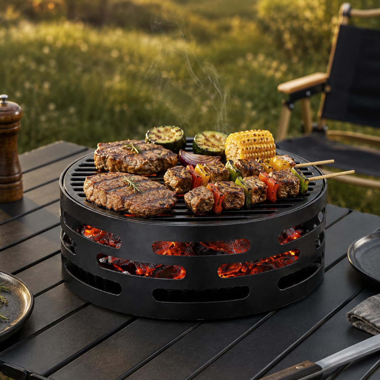 Oleio BBQ Wokaufsatz aus Stahl für Feuerplatte, 25 cm Loch, 30 cm Auflage | 10 cm hoch und 5 mm stark, schwarz hitzebeständig beschichtet; für Wok und Dutch Oven auf Grillring, Plancha oder Grillplatte