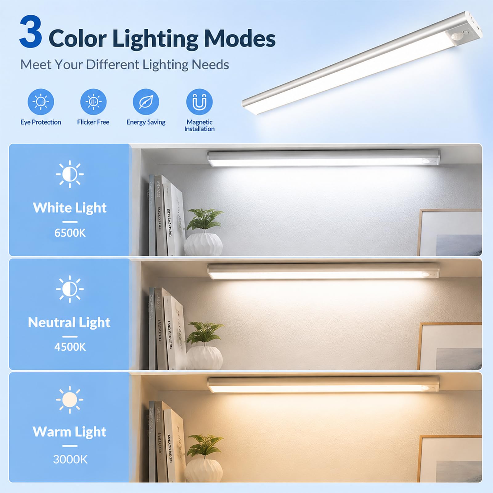 Confezione da 4 luci per armadietti, luce con sensore di movimento ricaricabile da 2200 mAh, luce costante 9H sempre accesa, 39,9 cm, senza fili, dimmerabile, luce notturna magnetica in 3