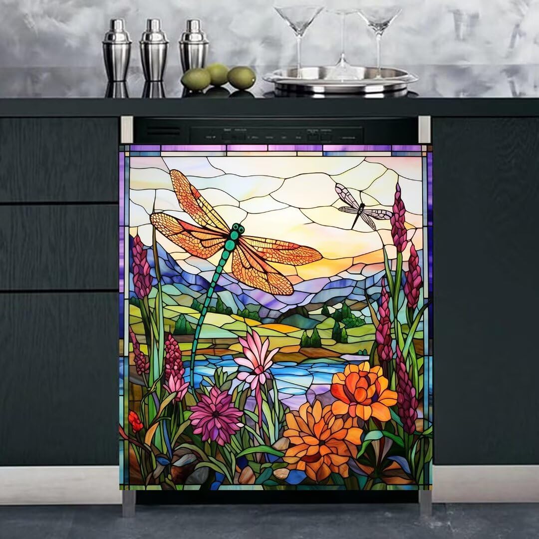 Abstract Glass Bird Magnet Dishwasher Door Cover for The Front, Hummingbird Magnetic Refrigerator Panel Cover, Colorful Flowers Dishwasher Panel Decal - Magnetic 23" x 26"