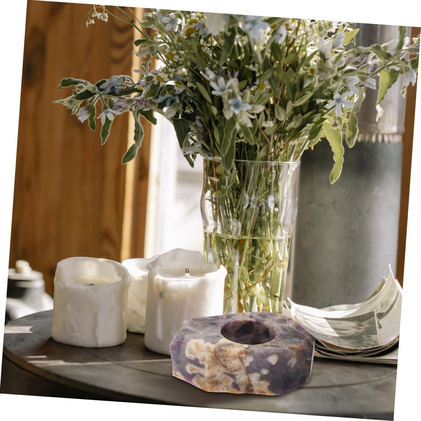 ULTECHNOVO Kristallkerzenständer mit Rauen Kanten aus Natürlichen Steinen Duftkerzen als Elegante Wohnzimmertisch Deko und Duftkerzen für Wohnzimmer und Familienfeiern