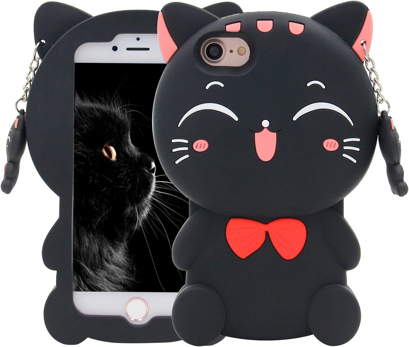 iPhone 5C Case, Maoerdo Cute 3D Cartoon Black Plutus Cat Lucky Fortune Cat Kitty with Bow Tie Silicone Rubber Phone Case Cover for Apple iPhone 5C
