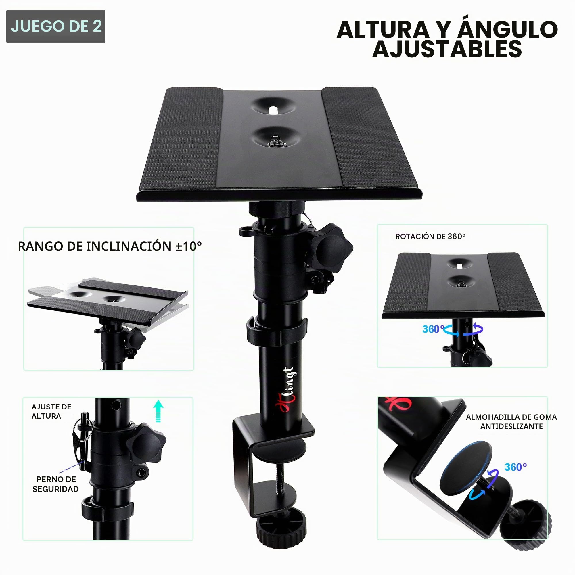 Par de soportes para altavoces de mesa, soporte para altavoces monitor, bandeja metálica de 17 x 20 cm, inclinación de -10° a +10°, altura ajustable, perfecto para monitor