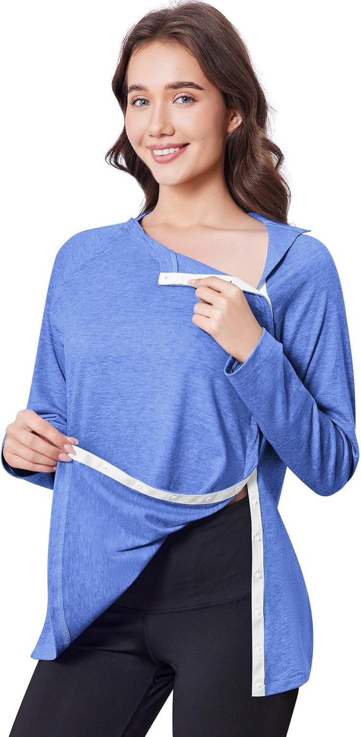 Deyeek Post Shoulder Surgery Shirts for Women Full Tear Away 2 Side Snaps After Rotator Cuff Chemo Port Adaptive Clothing
