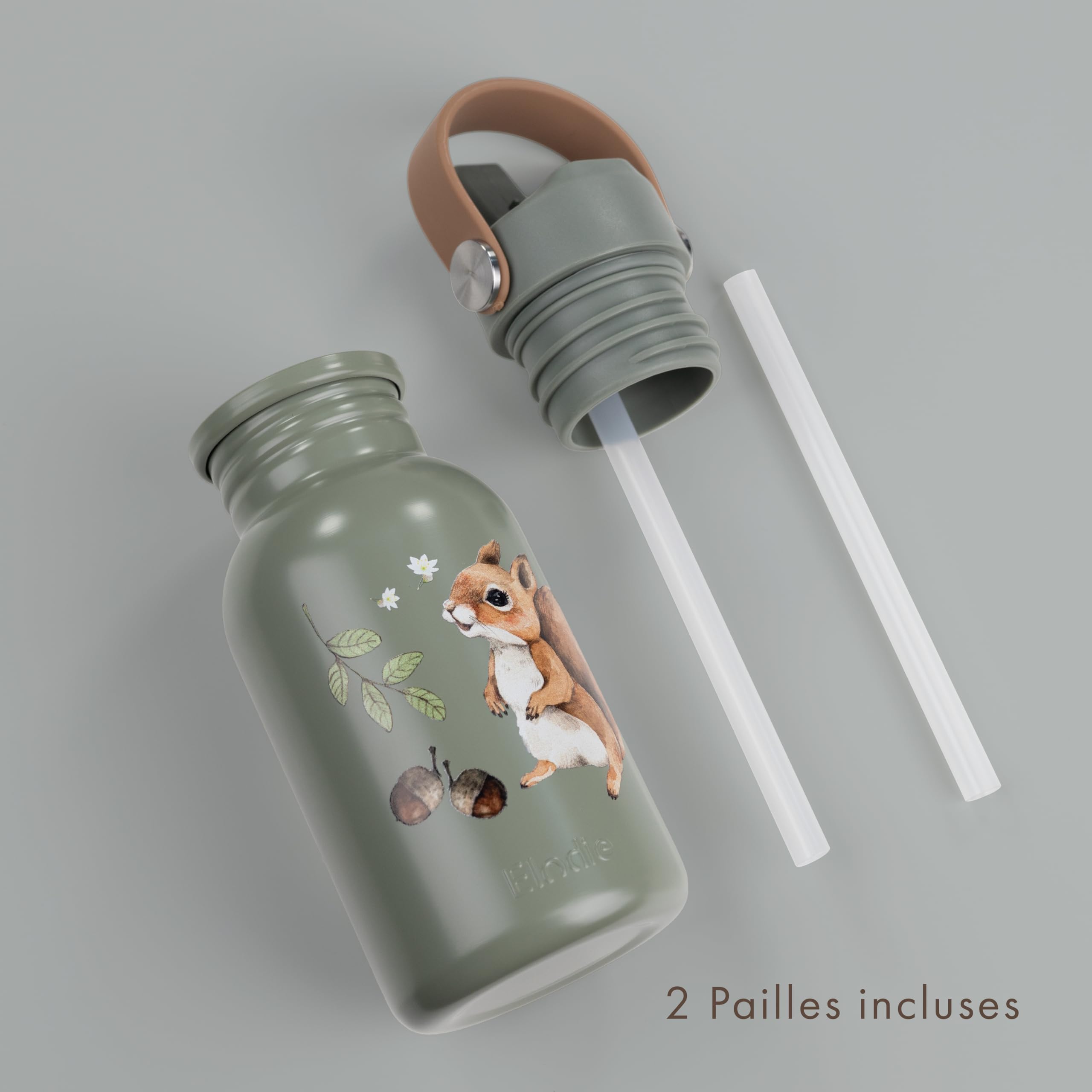 Elodie Details Gourde Enfant Inox, Bouchon Anti-Fuite avec Paille et Poignée pour Enfants, Facile à Ouvrir, Sans BPA, Facile à Nettoyer, Bouteille Idéal École & Activités, 350ML, Chipmunk Darling
