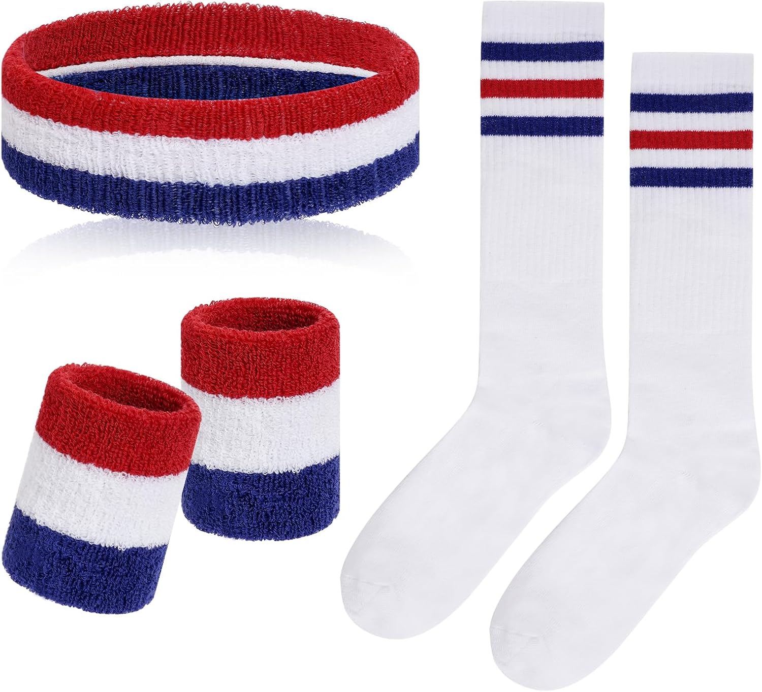 Sucrain 5 Pieces Striped Sweatbands and Socks Set, Sports Sweatbands Wrist Sweat Bands Red, White& Blue High Tube Socks 80s Accessories Costumes for Men Women