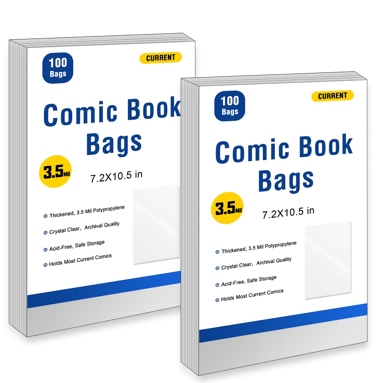 100ct Current Comic Book Bags,3.5 Mil Thick Comic Book Sleeves,Acid-Free Crystal Clear,7.2 X 10.5 inch,Archival Quality,Fits Standard Comic Book Storage