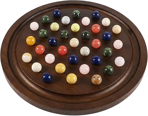 Miniatura 6 de Juego de solitario grande hecho a mano de madera maciza con 36 canicas de mármol natural, juegos de mesa redondos clásicos gruesos para adultos