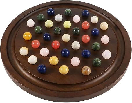 15.7 Inches Extra Large Solitaire Marble Game Set Wood with 36 Multicolors Natural Stone Marbles Pieces Adults Classic Deluxe Game for Night Party and Gatherings