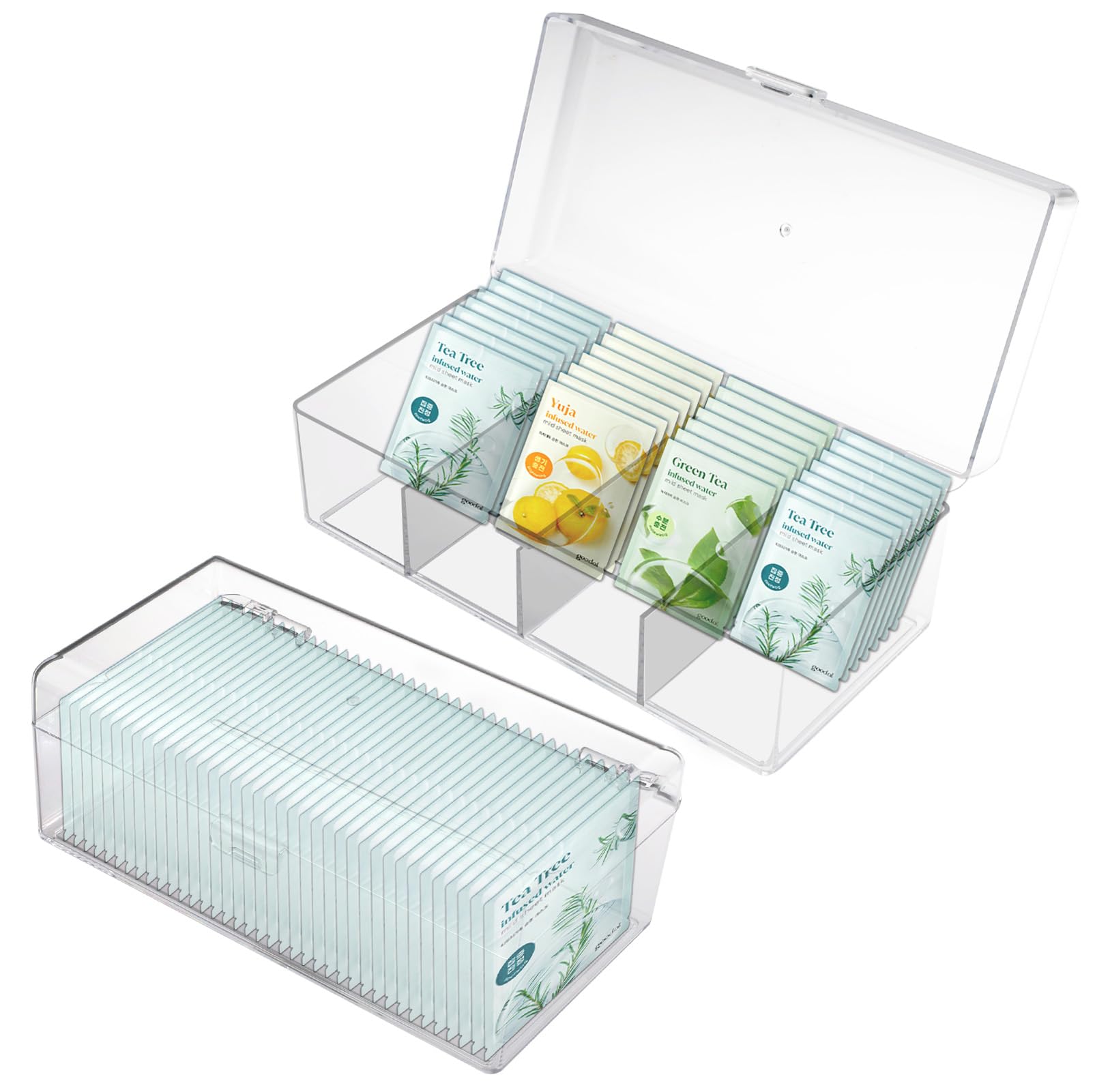 2 Packs Clear Tea Bag Organizer Storage with Lid, Open & 4 Grid Plastic Tea Bag Holder Box, Tea Packet Organizer Bins Caddy Dispenser for Snack Coffee Condiments Kitchen Countertop Pantry (2Pcs)