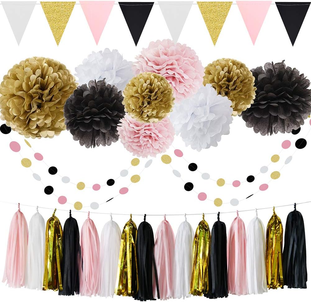 French/Paris Theme Birthday Decorations Party Decorations Birthday Parisian Baby Shower Decorations 35pcs Black Pink White Gold Tissue Paper Pom Pom Paper Tassel Garland Circle Garland Triangle Banner