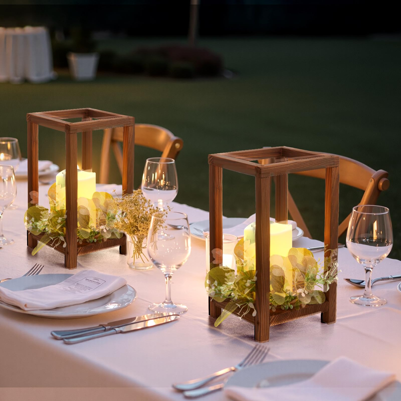VEVOR Set Centrotavola Lanterna in Legno 12 Pezzi Portacandele Lanterna in Legno Candele LED Senza Fiamma, Ghirlande di Foglie di Eucalipto per Decorazioni da Tavolo Carico 6,08 kg per Matrimoni