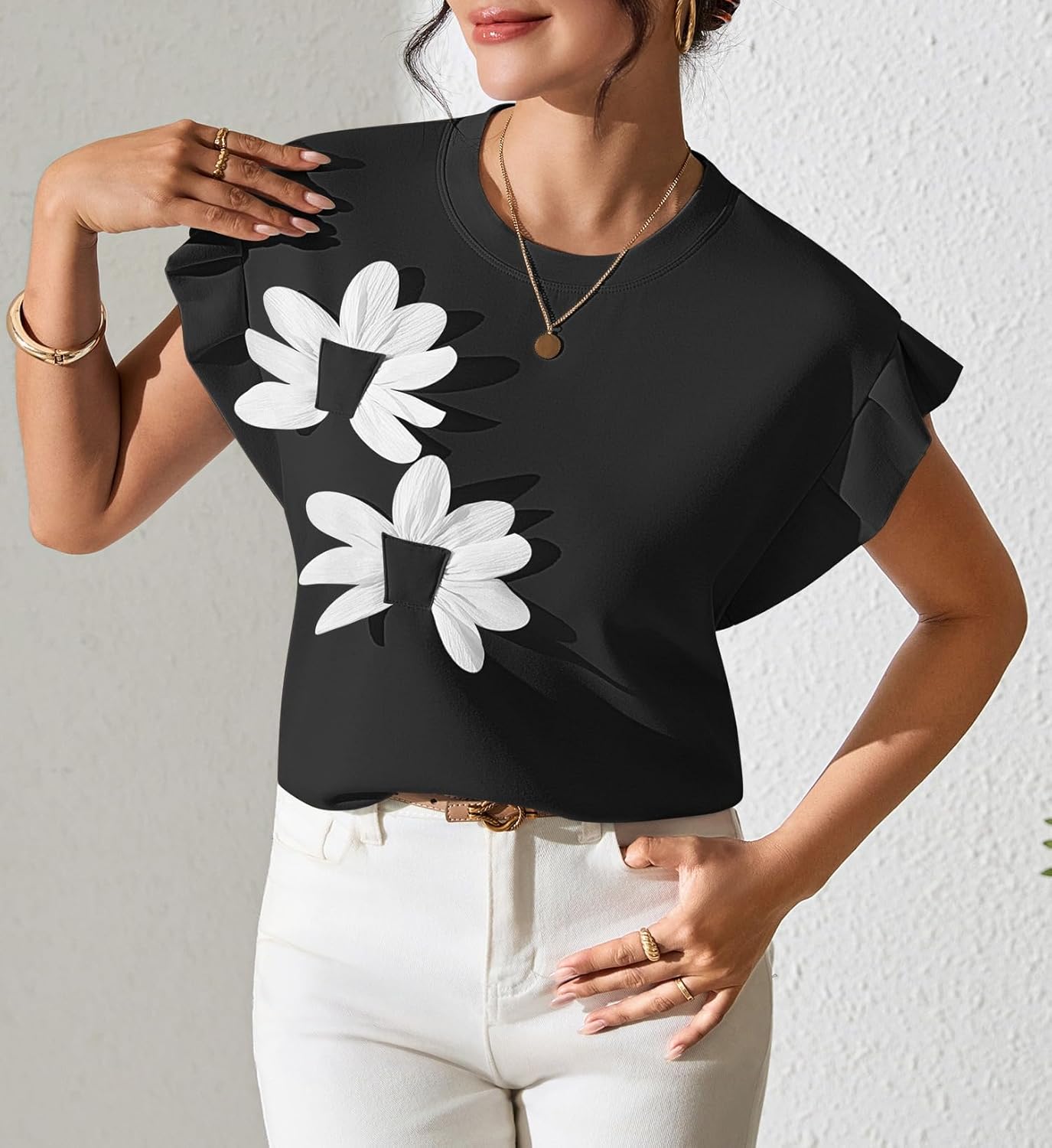 Pink Queen Womens Summer Tops 2026 Fashion Floral T Shirts Ruffle Cap Sleeve Casual Blouses - Image 2