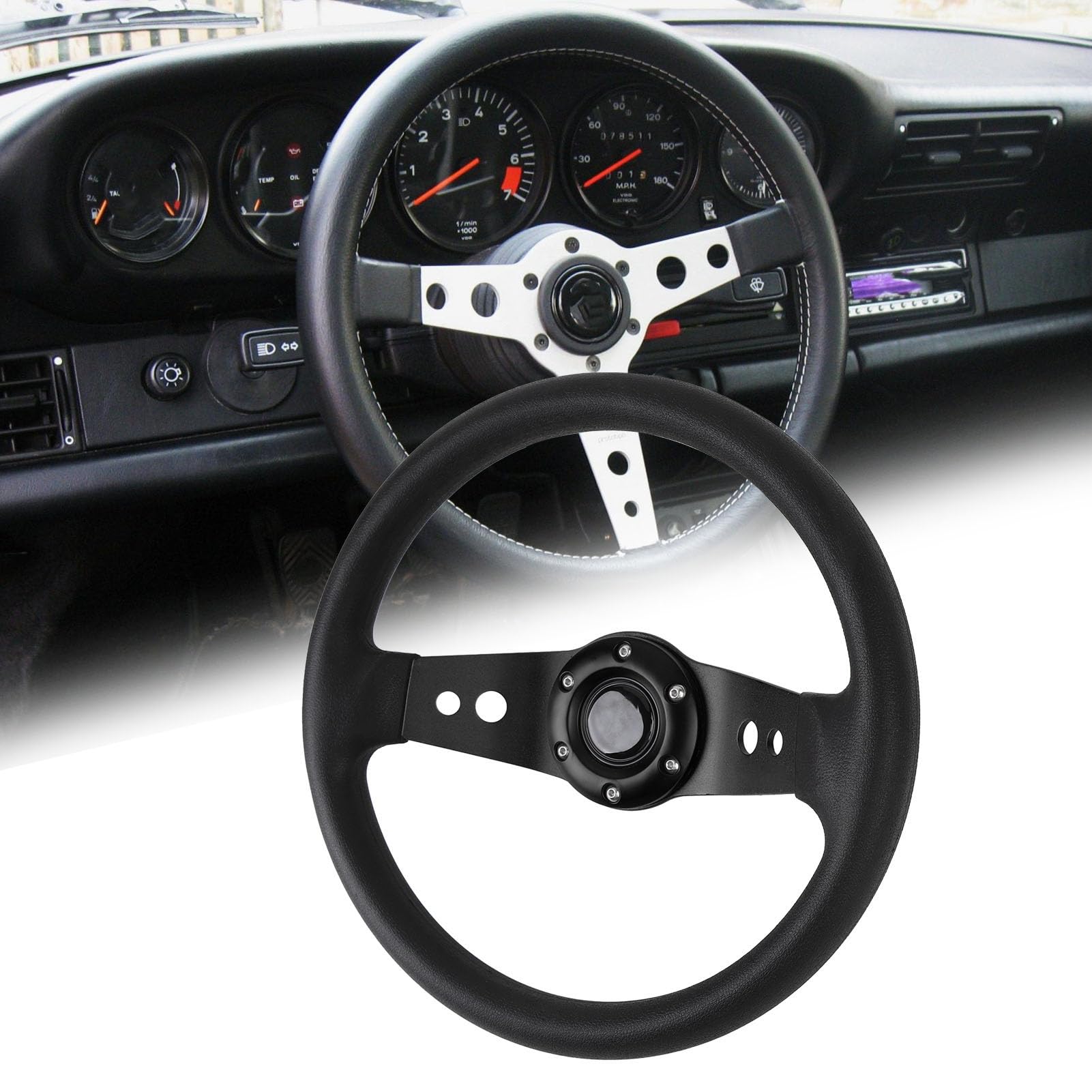 Volante per Auto 13 Pollici Volante Sportivo PU Look Elegante Resistente Agli Urti Presa Migliorata Facile Installazione Volante per Veicolo (BLACK)