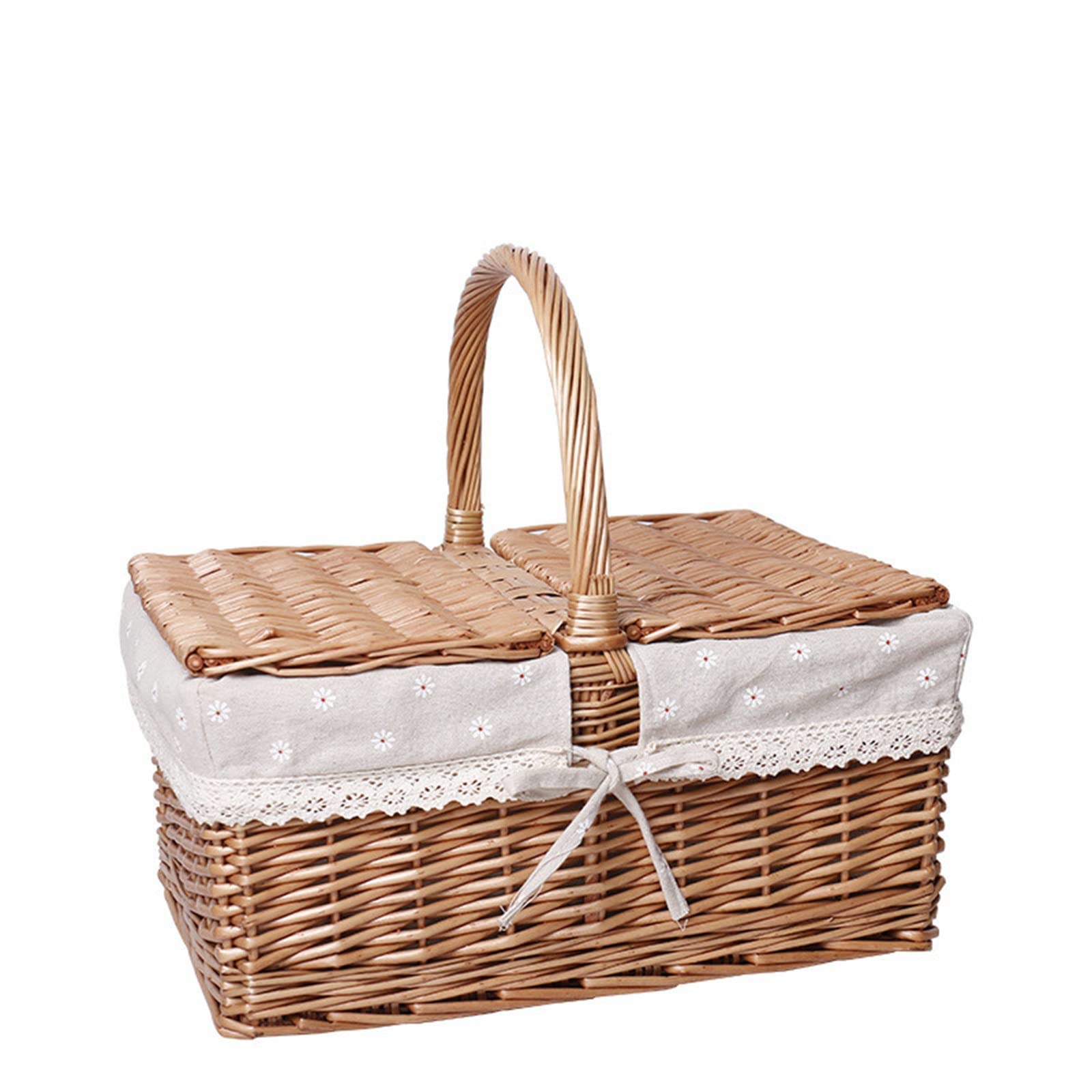 Picnic Basket Rattan Wicker Portable Shopping Picnic Basket for Picnic Camping Outdoor(White cloth)