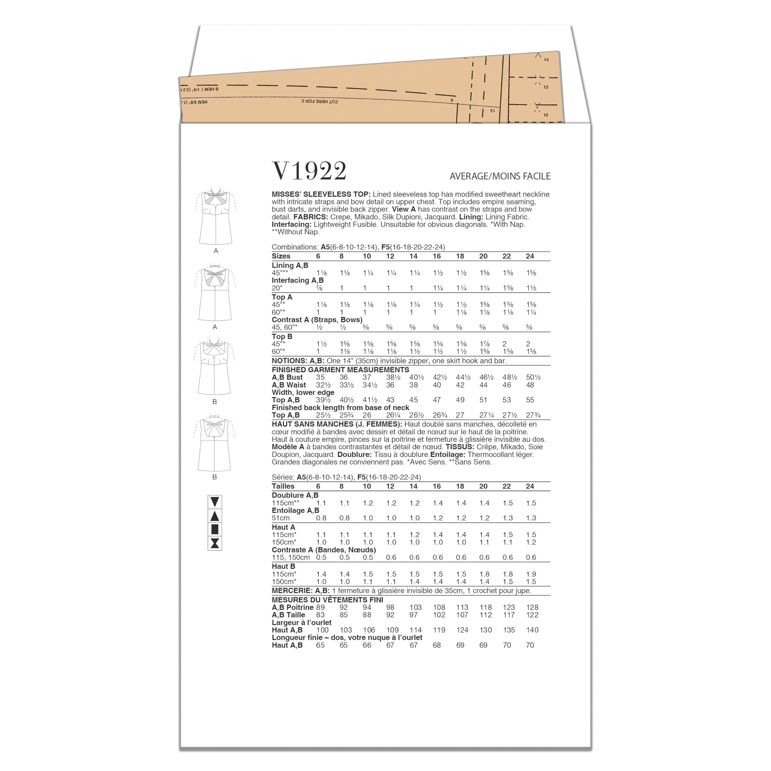 Vogue Schnittmuster-Set für ärmelloses Oberteil, Design Code V1922, Größen 34-36-40-42