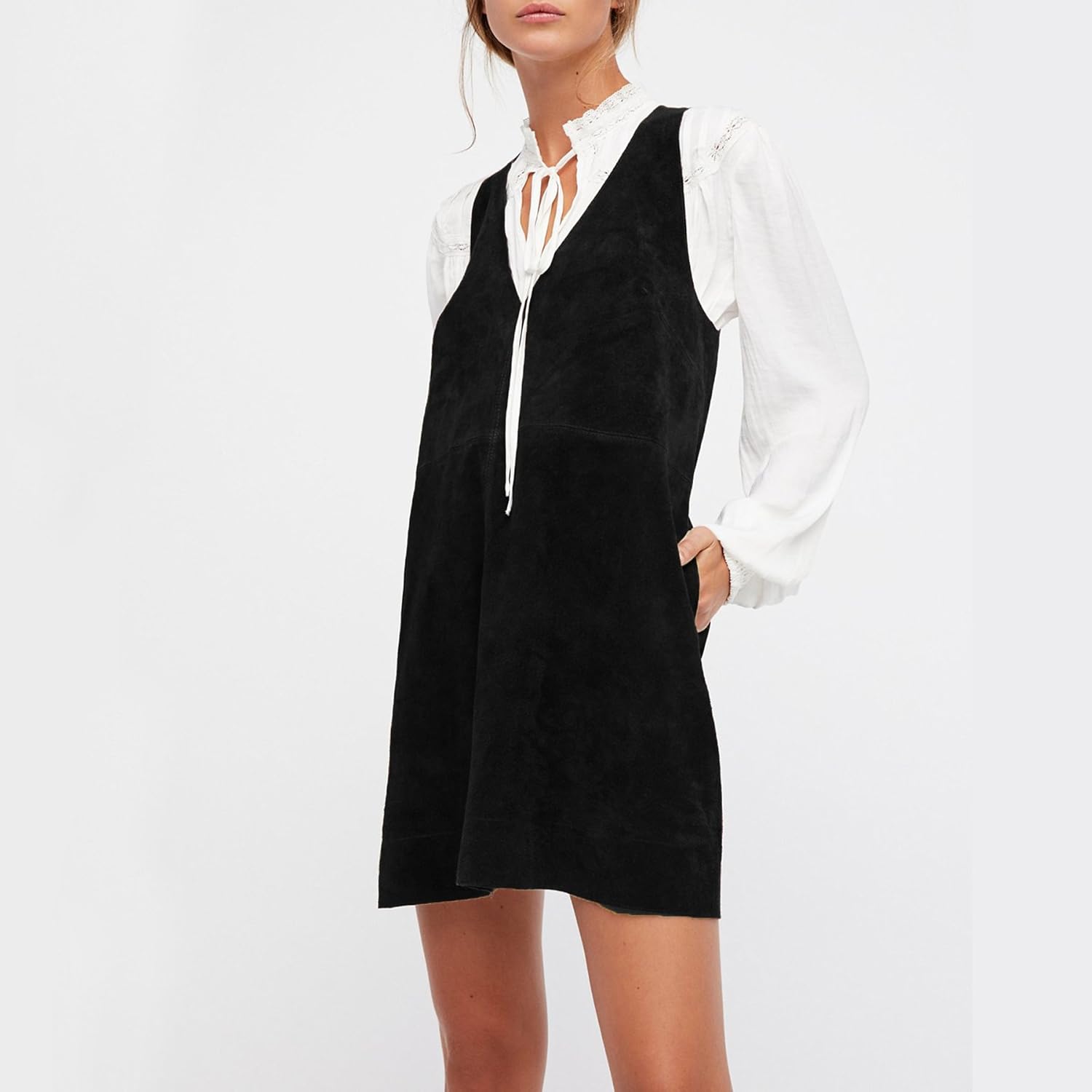 R.Vivimos Women's Fall Faux Suede Vintage V Neck Sleeveless Overall Dress with Pockets - Image 3