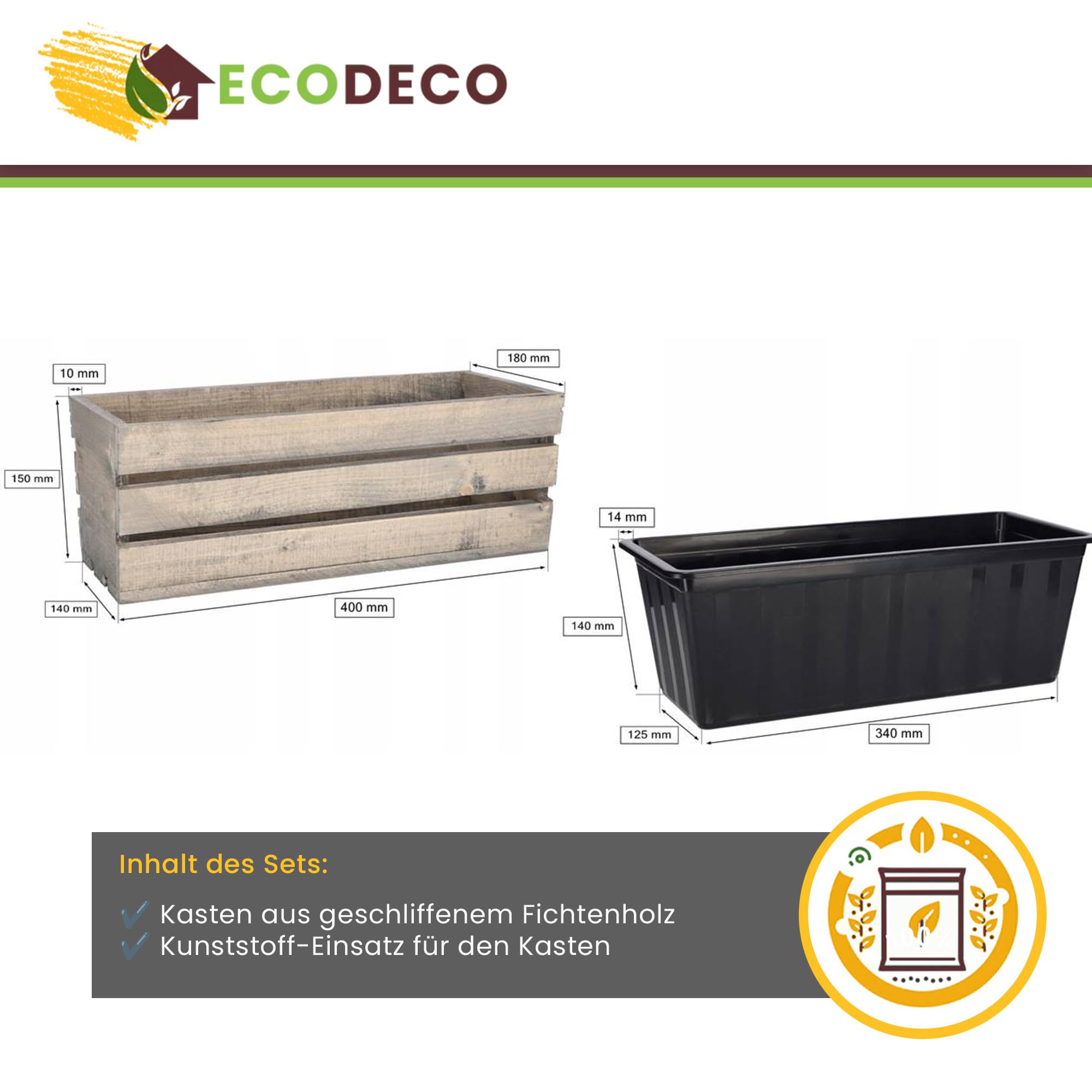 ECODECO Cassetta di Legno per Piante - Fioriera da Esterno con Inserto in Plastica - Vaso Rettangolare 18x40x15 cm per Balcone e Giardino - Contenitore Robusto Bianco