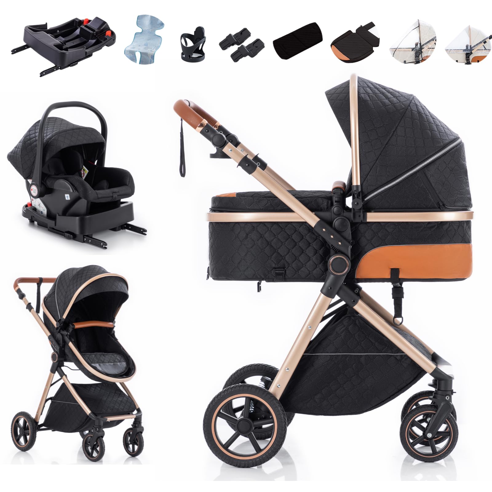 Zkiprm Poussette trio, Poussette bebe confort | Système de Voyage Bébé avec Siège, Poussette Pliable, Poignée Réglable en Hauteur Housse de Pluie | 0-3 Ans
