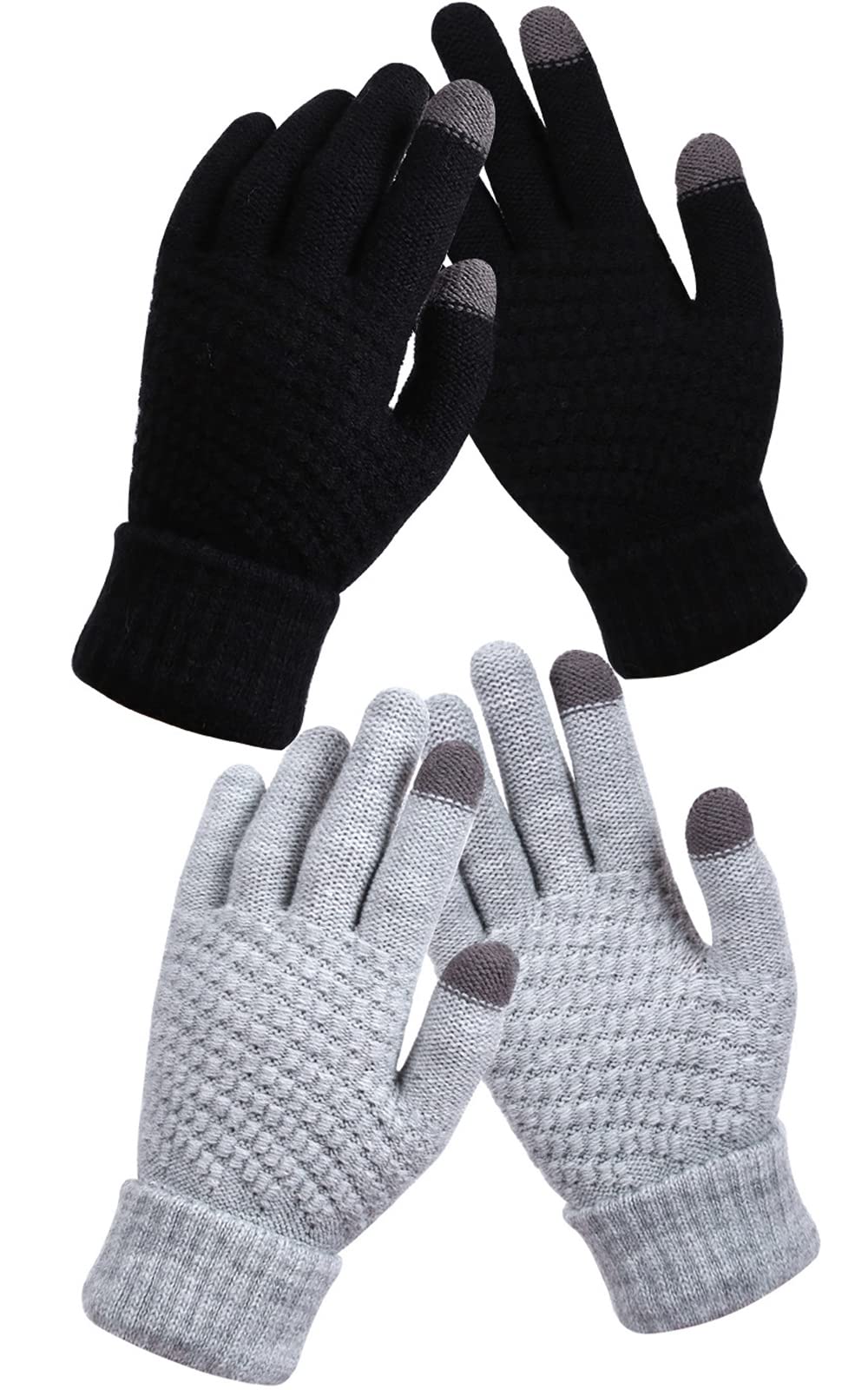 2 Pairs Women's Winter Touch Screen Gloves Warm Fleece Lined Knit Gloves Elastic Cuff Winter Texting Gloves