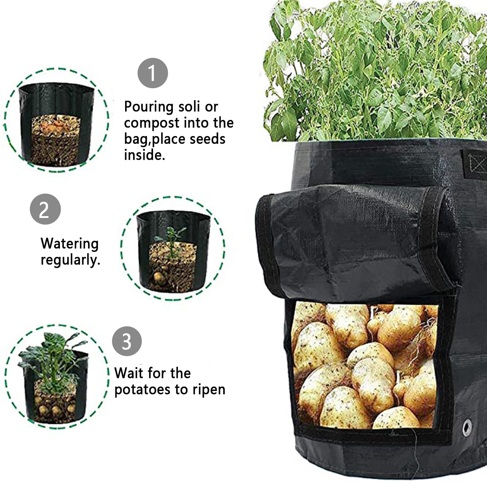 2 Piezas Bolsas de Cultivo de Papas, Bolsas Polietileno, Macetas de Cultivo de Verduras con Asas Transpirable Bolsa para Plantar Patatas, Tomates, cebollas, Flores, 7 gallons/34 * 35cm
