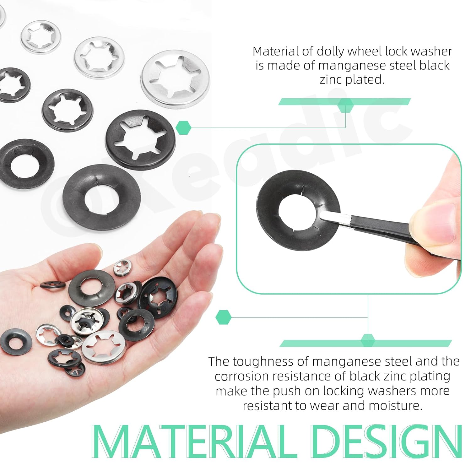 Keadic 211Pcs Dolly Wheel Lock Washers, 65Mn Steel Push On Dolly Wheel Lock Washer, Push Nuts for Dolly Wheel Lock Washers Axle Push Nuts for Automotive M3 M4 M5 M6 M8 M10 M12