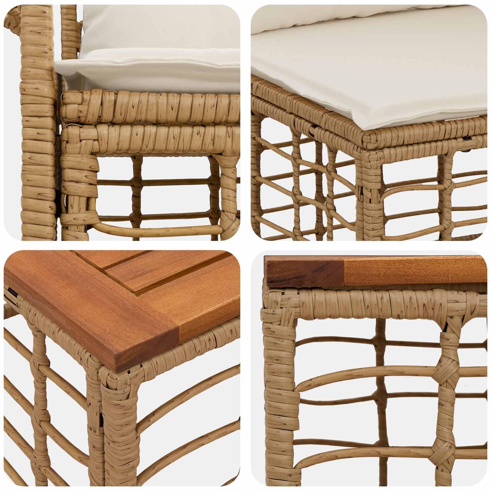 Set di divani da giardino in polyrattan, 12 pezzi, colore bianco crema naturale | Gruppo lounge modulare con tavolo in legno di acacia e cuscini per giardino e terrazza. Regolabile in modo flessibile.